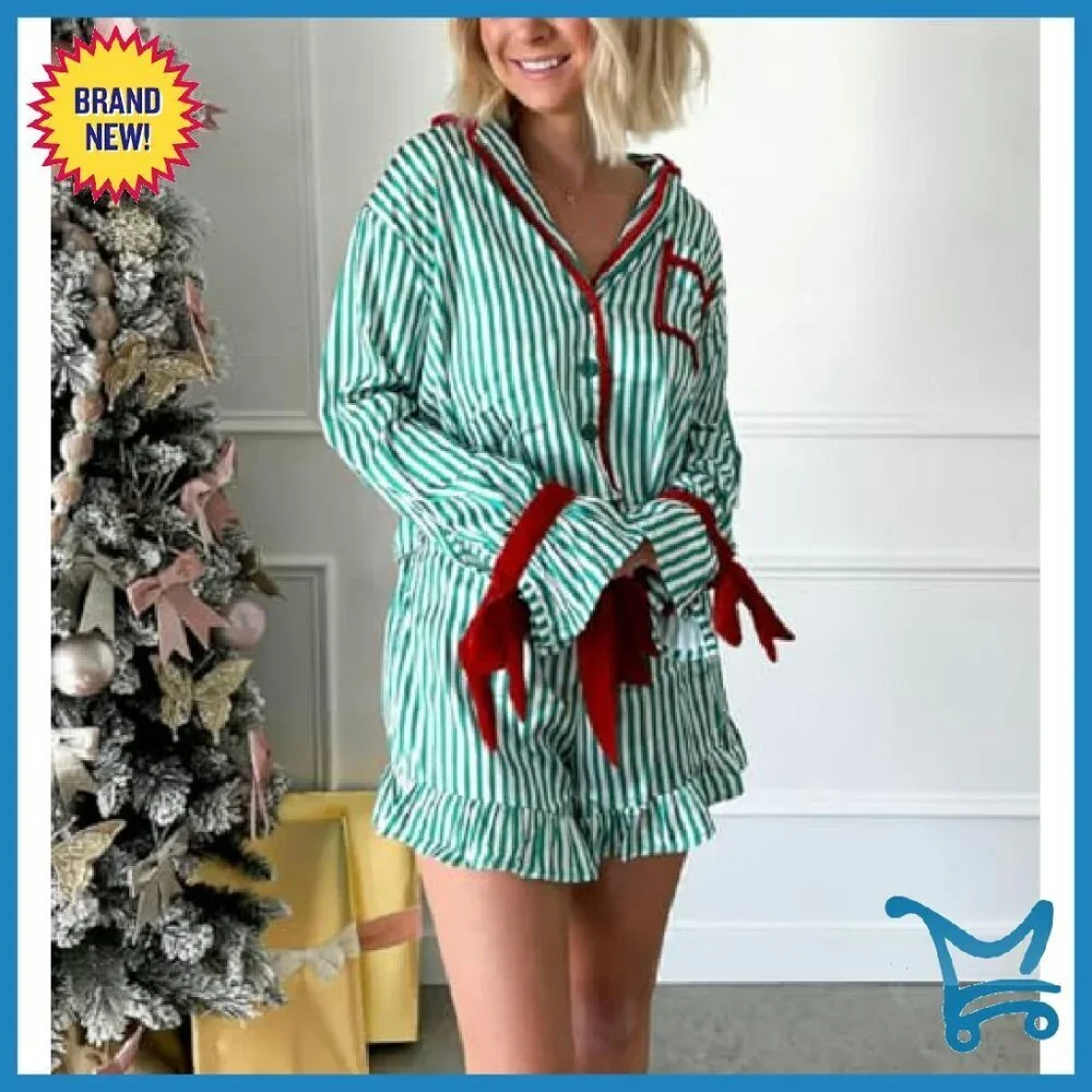 Silk Satin Pajama Set Long Sleeve Bow Tie Shirt Shorts Sleepwear